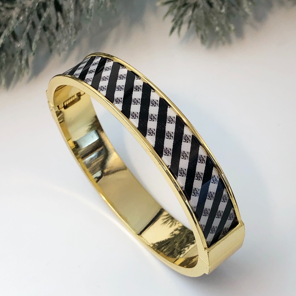 Vintage Talbots Plaid Oval Shaped Clamper Bracelet Gold/Black/White